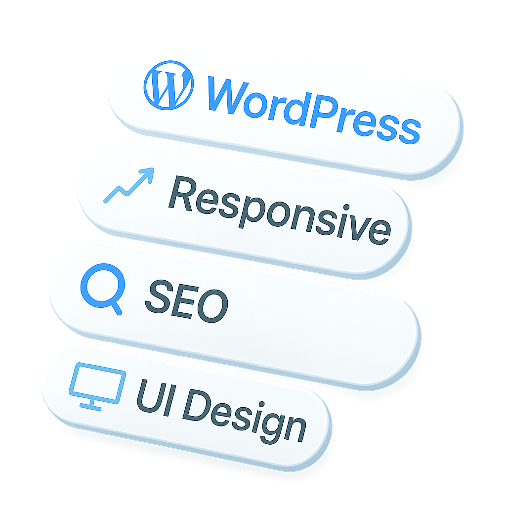 Illustration 3D d’un site web moderne créé avec WordPress, combinant design responsive, optimisation SEO et UI Design.