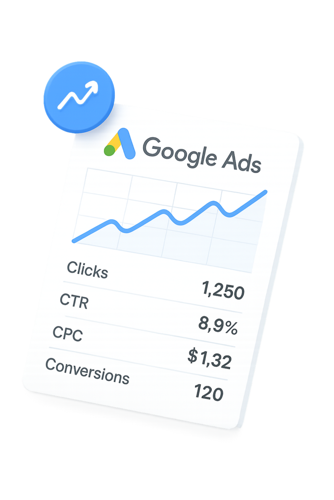 Tableau 3D Google Ads présentant les statistiques de campagnes SEA avec clics, CTR, CPC et conversions.