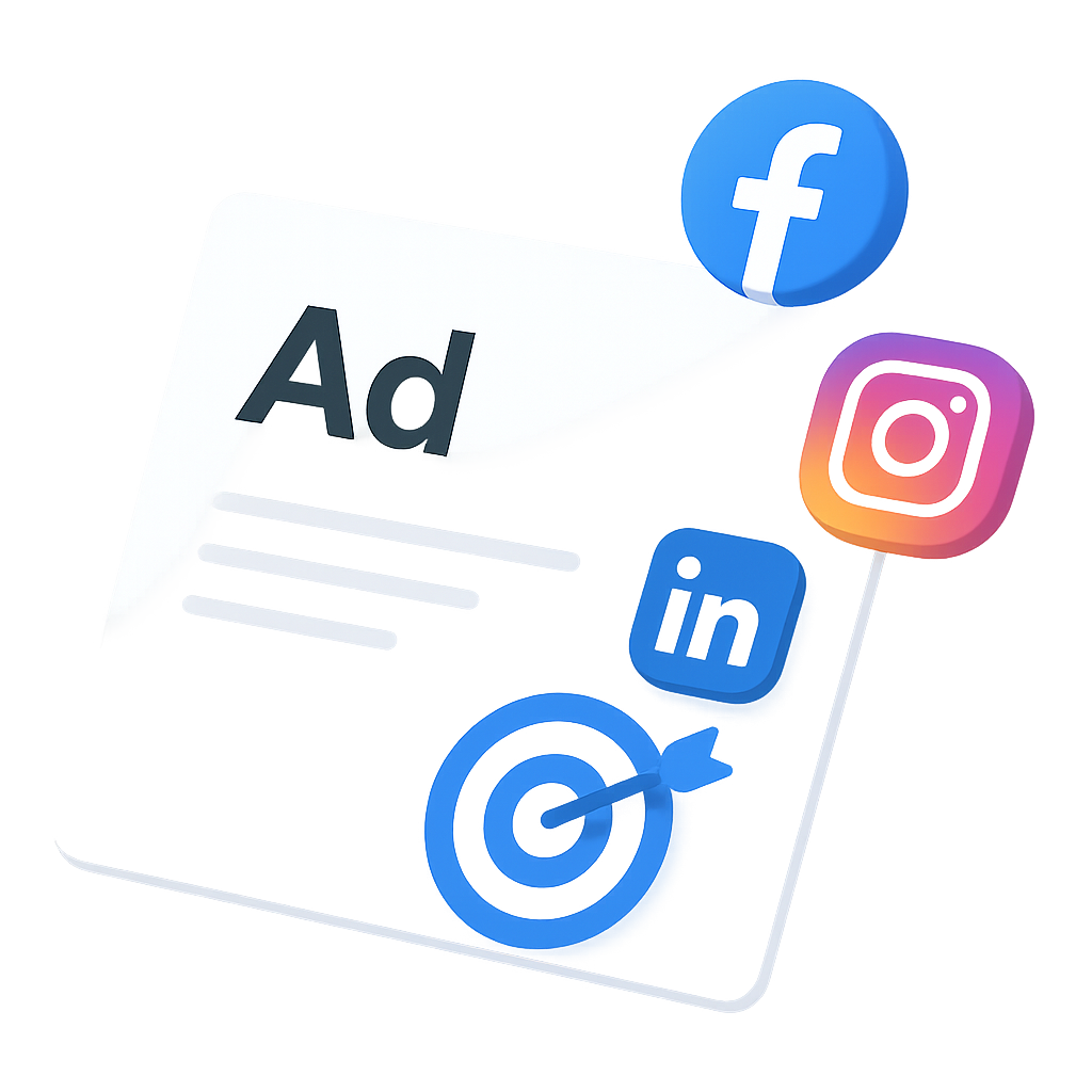 Illustration 3D des réseaux sociaux Facebook, Instagram et LinkedIn symbolisant les campagnes Social Ads et la publicité en ligne.