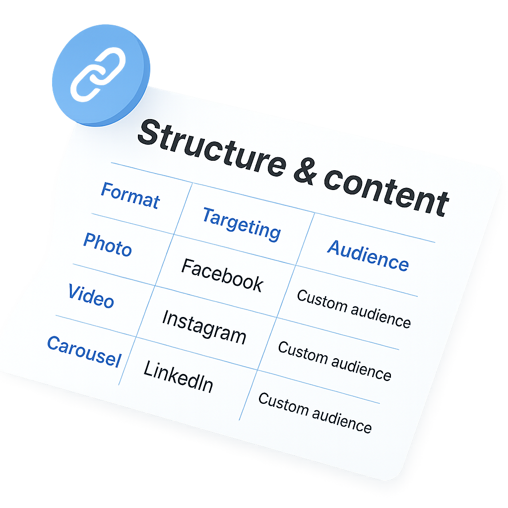 Tableau 3D représentant la structure et le contenu d’une campagne Social Ads avec les formats photo, vidéo et carrousel pour Facebook, Instagram et LinkedIn.