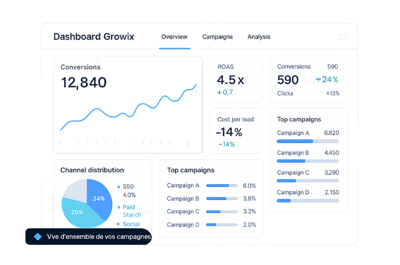 Dashboard Growix de pilotage des performances marketing