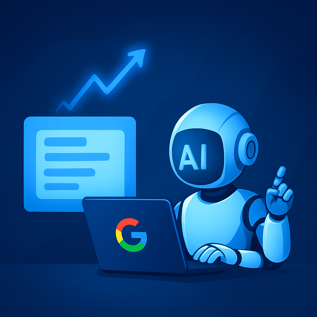 Illustration d’un robot IA analysant les signaux de Google pour comprendre et classer les contenus en 2026