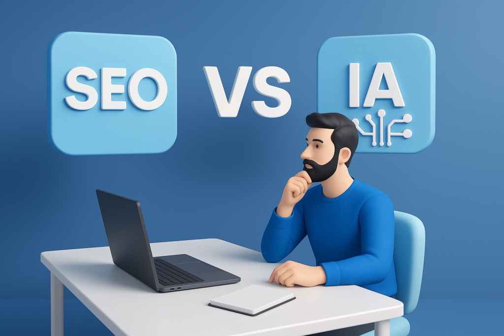 Illustration 3D montrant l’opposition entre SEO et intelligence artificielle.