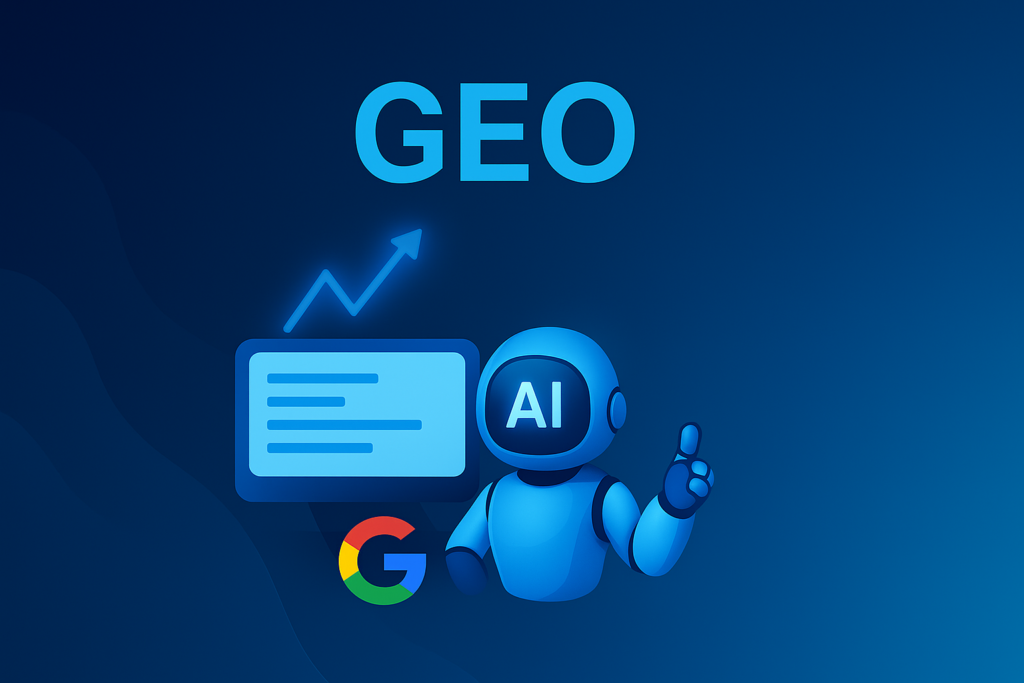 Illustration d’un robot IA et d’un repère GEO symbolisant la géointelligence pour optimiser les campagnes Google et l’acquisition digitale