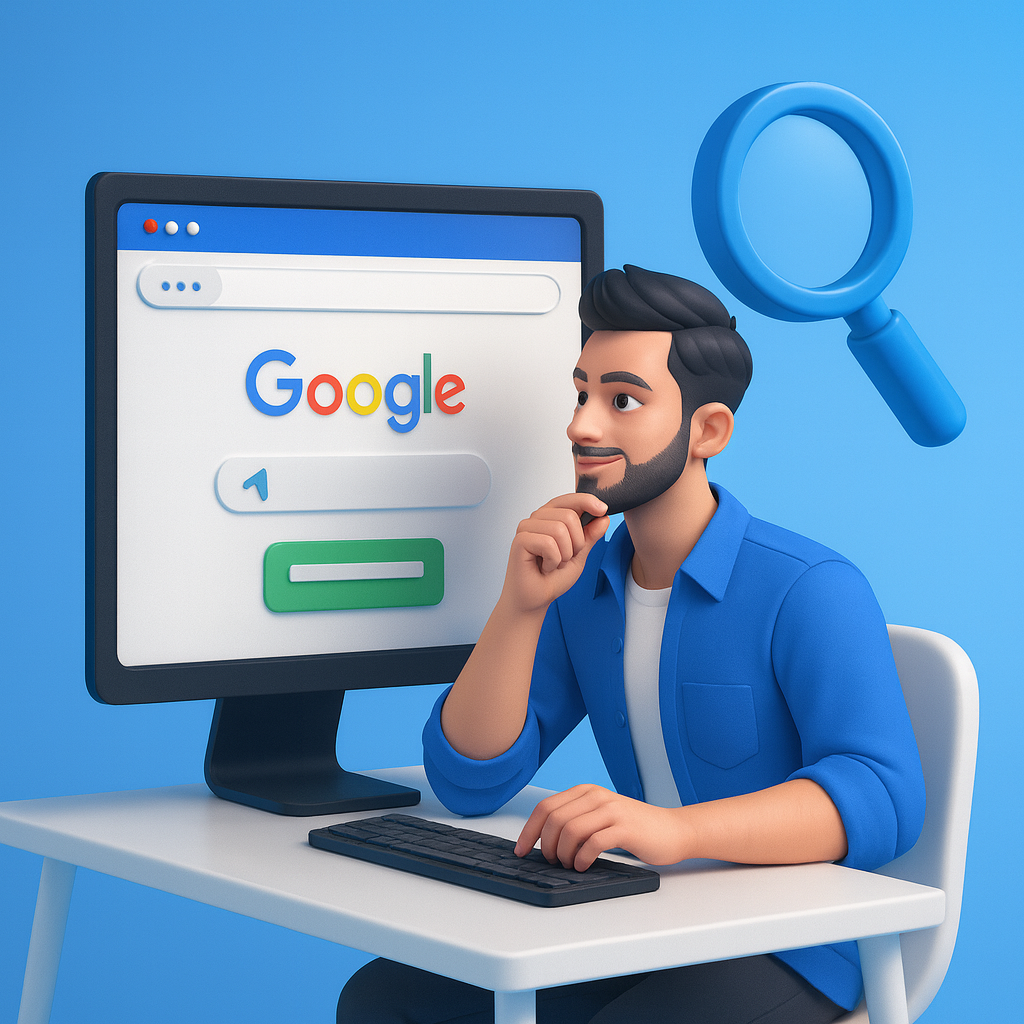 "Illustration 3D d’un expert optimisant un site pour Google en 2025.