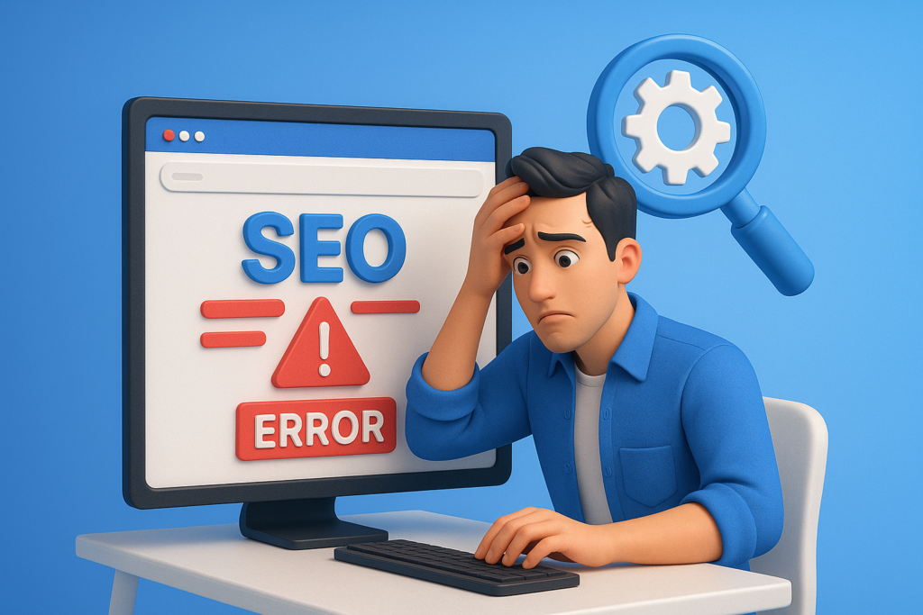 Illustration 3D représentant des erreurs SEO techniques sur un site web.